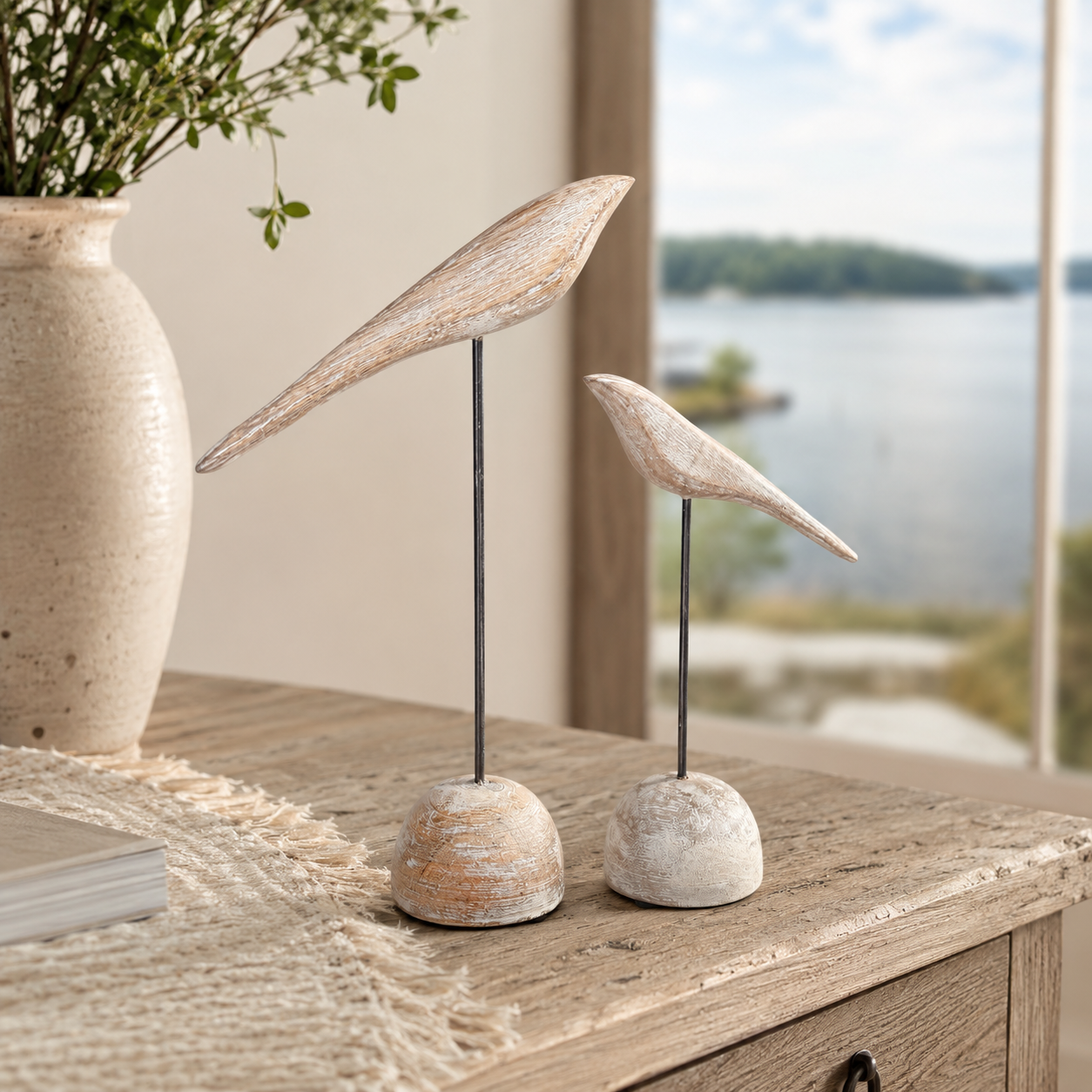 Whitewashed Wood Bird Sculptures – Set of 2