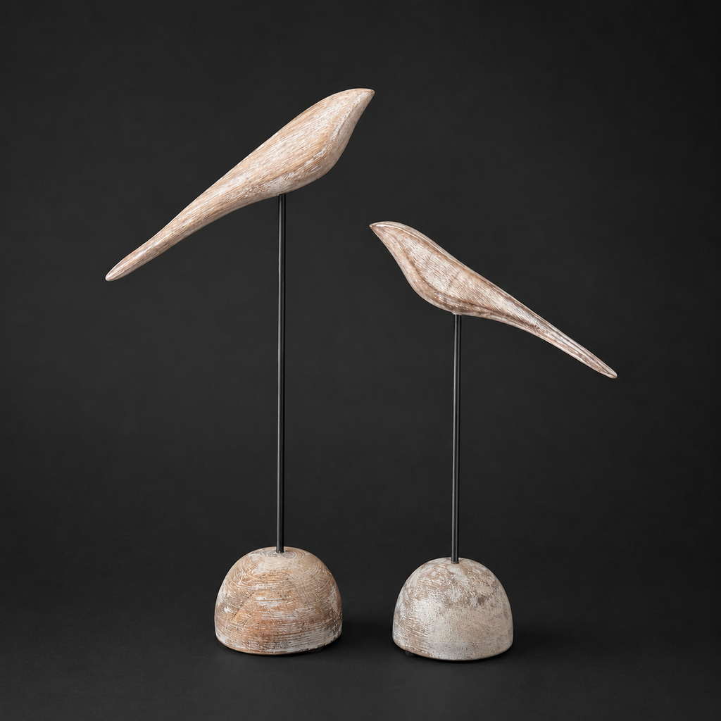 Whitewashed Wood Bird Sculptures – Set of 2