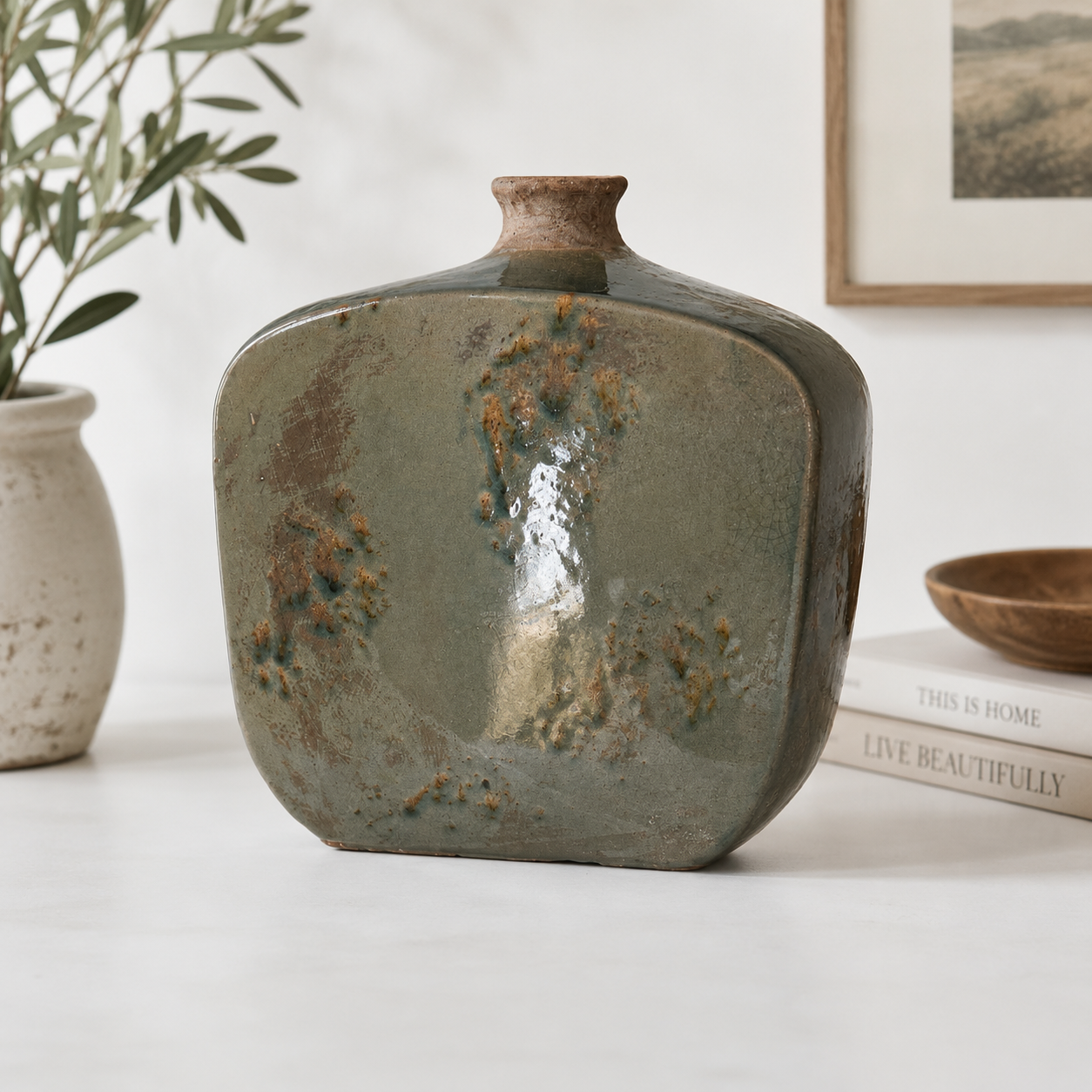 Sage & Amber Reactive Glaze Flask Vase