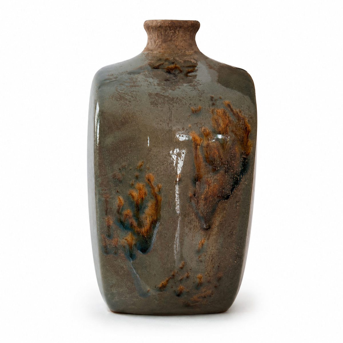 Sage & Amber Reactive Glaze Flask Vase