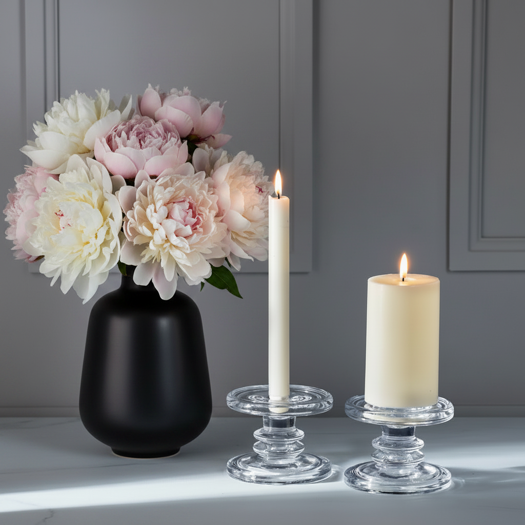 Glass Candle Holders Peonies Dark Grey